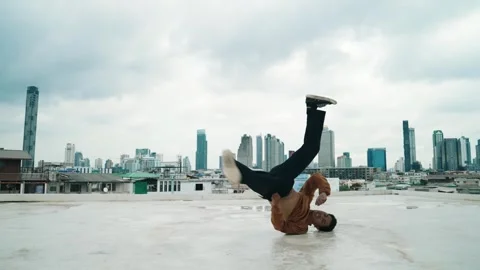 B-boy dance performance by professional street dancer at rooftop. hiphop. Stock Footage 271472926