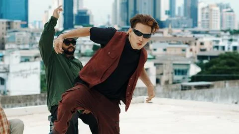 B-boy dance performance by professional street dancer. Close up. Endeavor. Stock Photos