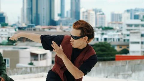 B-boy dance performance by professional street dancer. Close up. Hiphop. Stock Photos