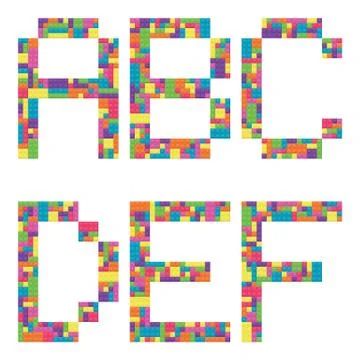A, b, c, d, e, f alphabet letters from children building block icon set Stock Illustration