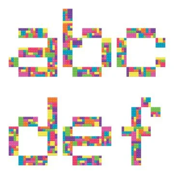 A, b, c, d, e, f alphabet lowercase letters from children building block icon Illustrazione stock