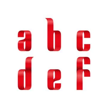 A, b, c, d, e, f lowercase letters font from a red ribbon with strip and smoo Illustrazione stock