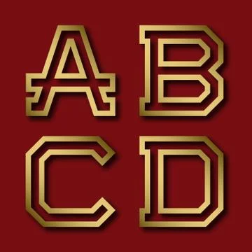 A, B, C, D gold angular letters with shadow. Trendy and stylish golden font. Stock Illustration