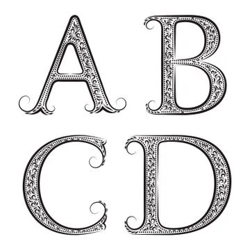 A, B, C, D vintage patterned letters. Font in floral baroque style. Stock Illustration