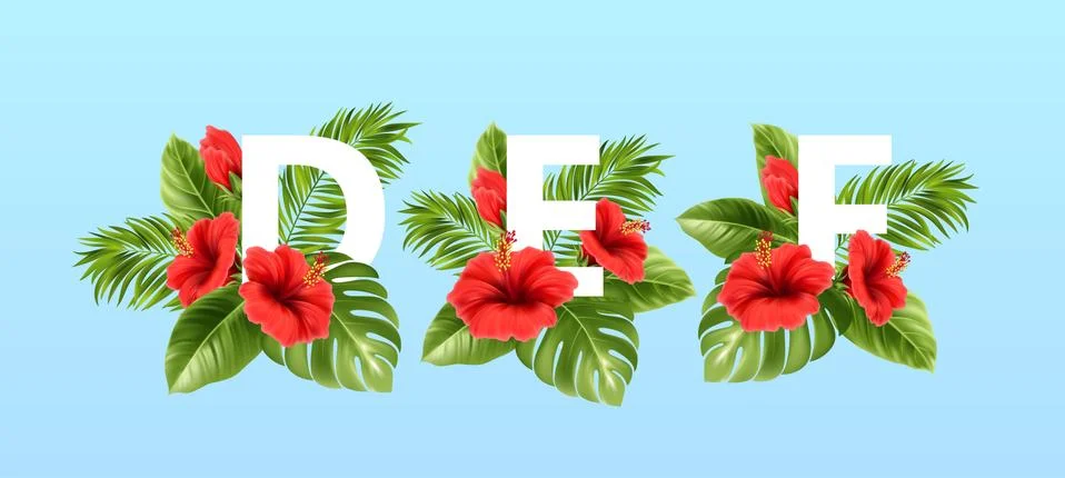 A B C letters surrounded by summer tropical leaves and red hibiscus flowers Illustrazione stock