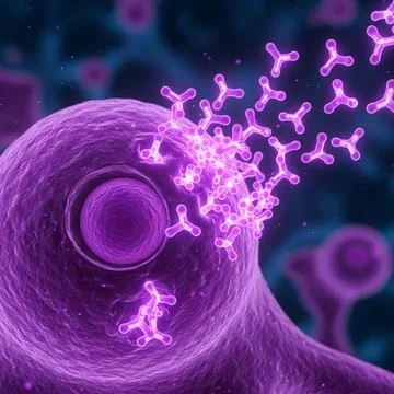 B-cell B-cell producing antibodies, neon purple glow, 8K Stock Illustration