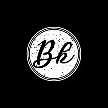 B K Initial Handwriting In Black and White Circle Frame Design Stock Illustration