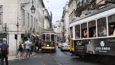 B-roll atmosphere overview shot of street in lisbon with tram stations Stock-Footage 85738850