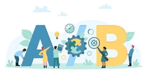 A B split test, tiny people compare two results, users study and choose best Stock Illustration