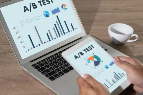 A/B TEST Laptop on table  man work test Stock Photos