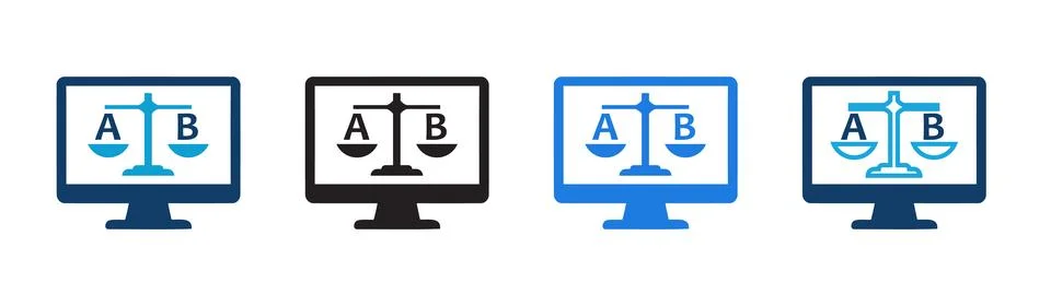 A/B testing and data comparison workflow illustration. Four computer monito.. Stock Illustration