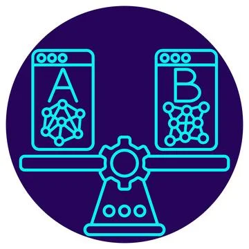 A-B Testing Icon. Minimalistic neon outline on a dark blue round background Stock Illustration