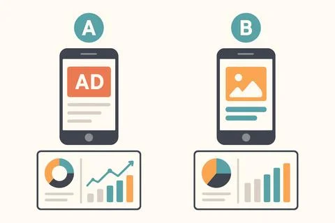 A b testing mobile ads and analyzing performance data Stock-Illustration