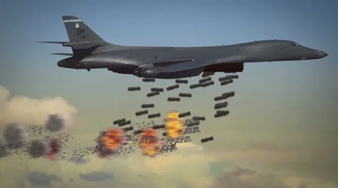 B1-bomber in a cluster bomb attack on enemy positions. Stock Footage 19128276