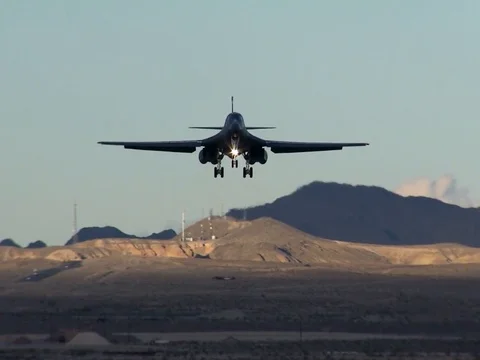 B1 Bomber landing at Nellis Air force Base, Nevada Stock Footage 106987272