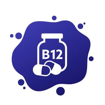 B12 vitamin icon with a bottle, vector Stock Illustration
