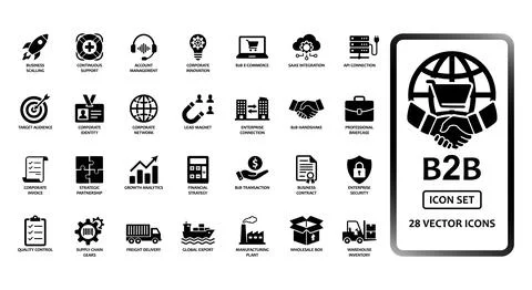 B2B and Business Operations solid icon set. Features symbols for SaaS integ.. Stock Illustration