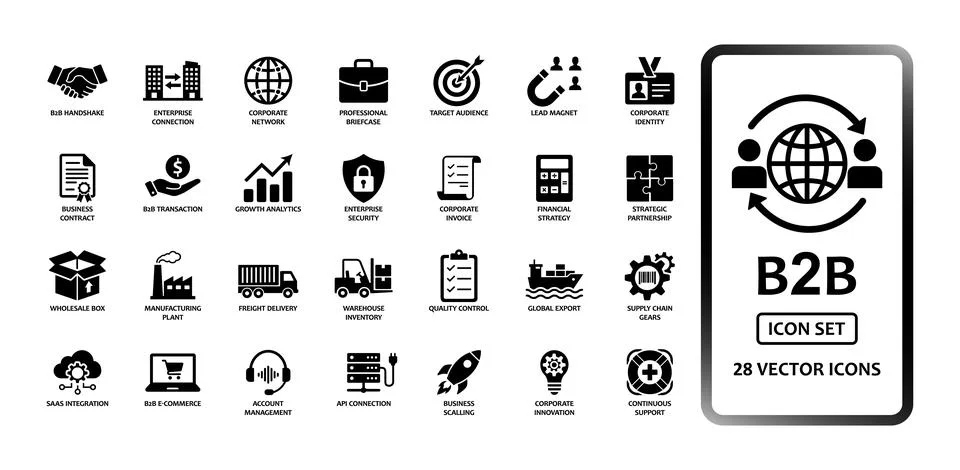 B2B Business and Enterprise Solutions solid icon set containing 28 vector i.. Illustration