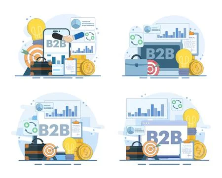 B2B business set featuring online collaboration, commercial deals. Stock Illustration