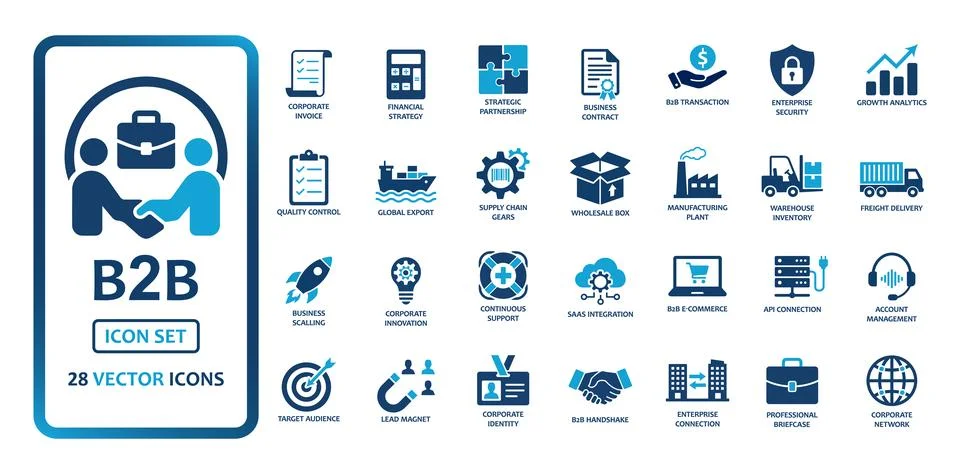 B2B business vector icon set. Includes strategic partnership, supply chain .. Illustration