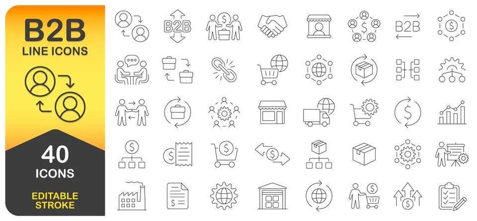 B2B Line Icon Set With 40 Editable Stroke Designs. Thin Line Icon Collection Stock Illustration