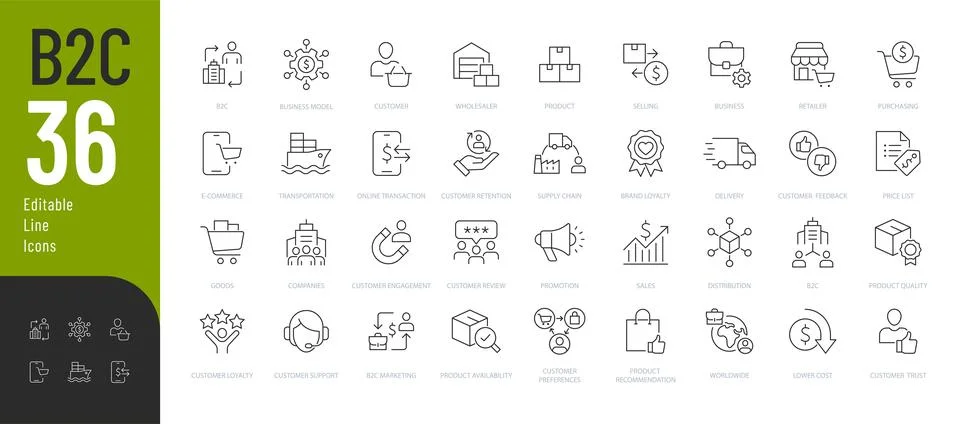 B2C Editable Icons set Stock Illustration