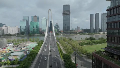 Ba Son Bridge and Ho Chi Minh City Skyline, Vietnam Stock Footage 340974523