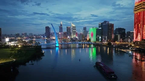 Ba Son Bridge at Night over the Saigon River in Ho Chi Minh City Stock Footage 340972544