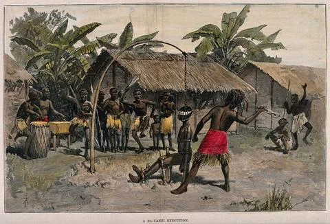 A Ba-yanzi execution whereby the head of the victim is held in a contraptio.. Stock Illustration