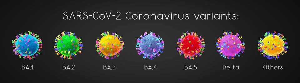BA.1, BA.2, BA.3, BA.4, BA.5, delta - SARS-CoV-2 Covid-19 coronavirus omicron Stock Illustration