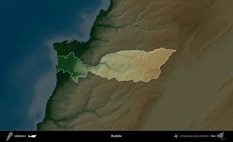 Baabda highlighted, Lebanon. Physical Stock Illustration