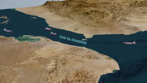 Bab el Mandeb Narrow Passage 4K Shipping Lane Visualization Video stock 336504189