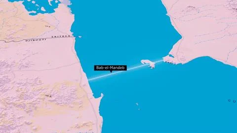 Bab-el-Mandeb Strait Map Animation Between Djibouti and Yemen Coastline Stock Photos
