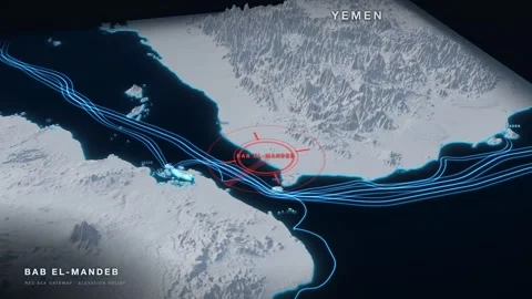 Bab el-Mandeb white 3D terrain relief map on a black sea with glowing cyan 스톡 동영상 344008824