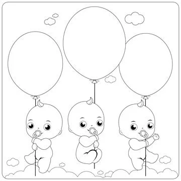 Babies with balloons in the sky. Vector black and white coloring page. Stock Illustration