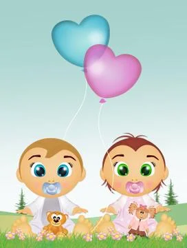 Babies with hearts balloons Stock Illustration