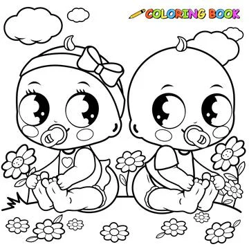 Babies playing outdoors. Vector black and white coloring page. Stock Illustration