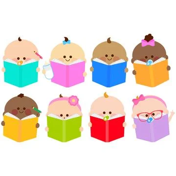 Babies reading books. Vector illustration collection Stock Illustration