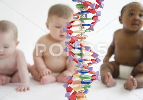 Babies sitting with DNA helix Stock Photos