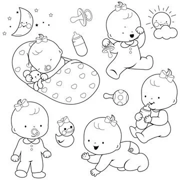 Babies sleeping, playing, walking, drinking milk, and crawling. Stock Illustration