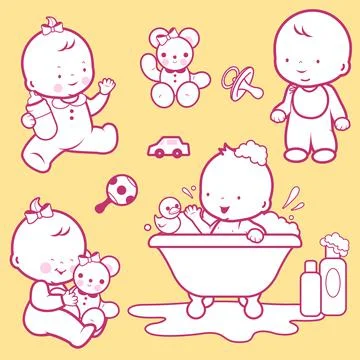 Babies taking a bath, playing, walking and drinking milk. Stock Illustration