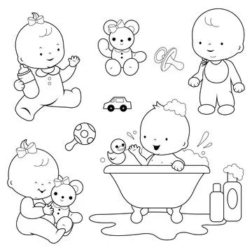 Babies taking a bath, playing, walking and drinking milk. Stock Illustration