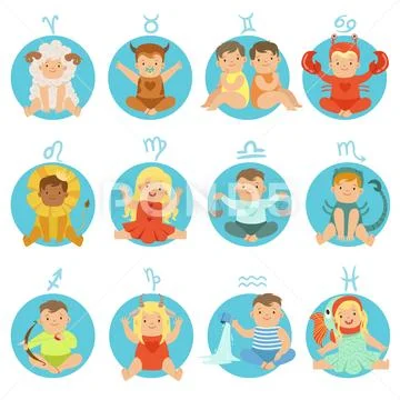 Babies In Twelve Zodiac Signs Costumes Sitting And Smiling Dressed As Horoscope Stock Illustration