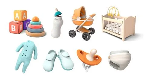 Baby 3d icon set with buggy, bed, diaper, toys, pacifier and feeding bottle Stock Illustration