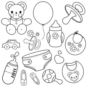 Baby accessories. Vector black and white coloring page Stock Illustration