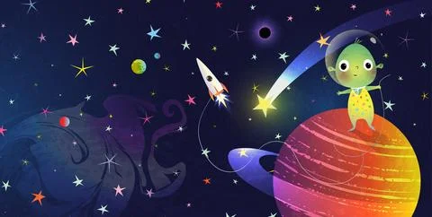 Baby Alien in Starry Outer Space with Rocket Ship Stock Illustration