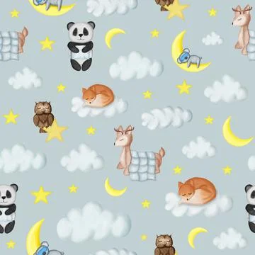 Baby animals sleeping pattern with deer, panda, koala, fox and owl on gray ba Illustrazione stock