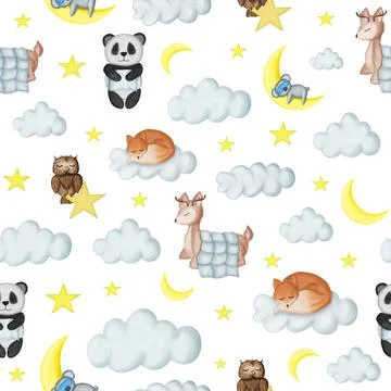 Baby animals sleeping pattern with deer, panda, koala, fox and owl on white b Stock Illustration
