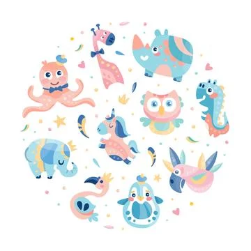Baby anomals seamless pattern in circular shape. Childish background, banner Stock Illustration