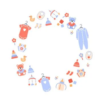 Baby background. Flat circle frame with kids toys. Stock Illustration